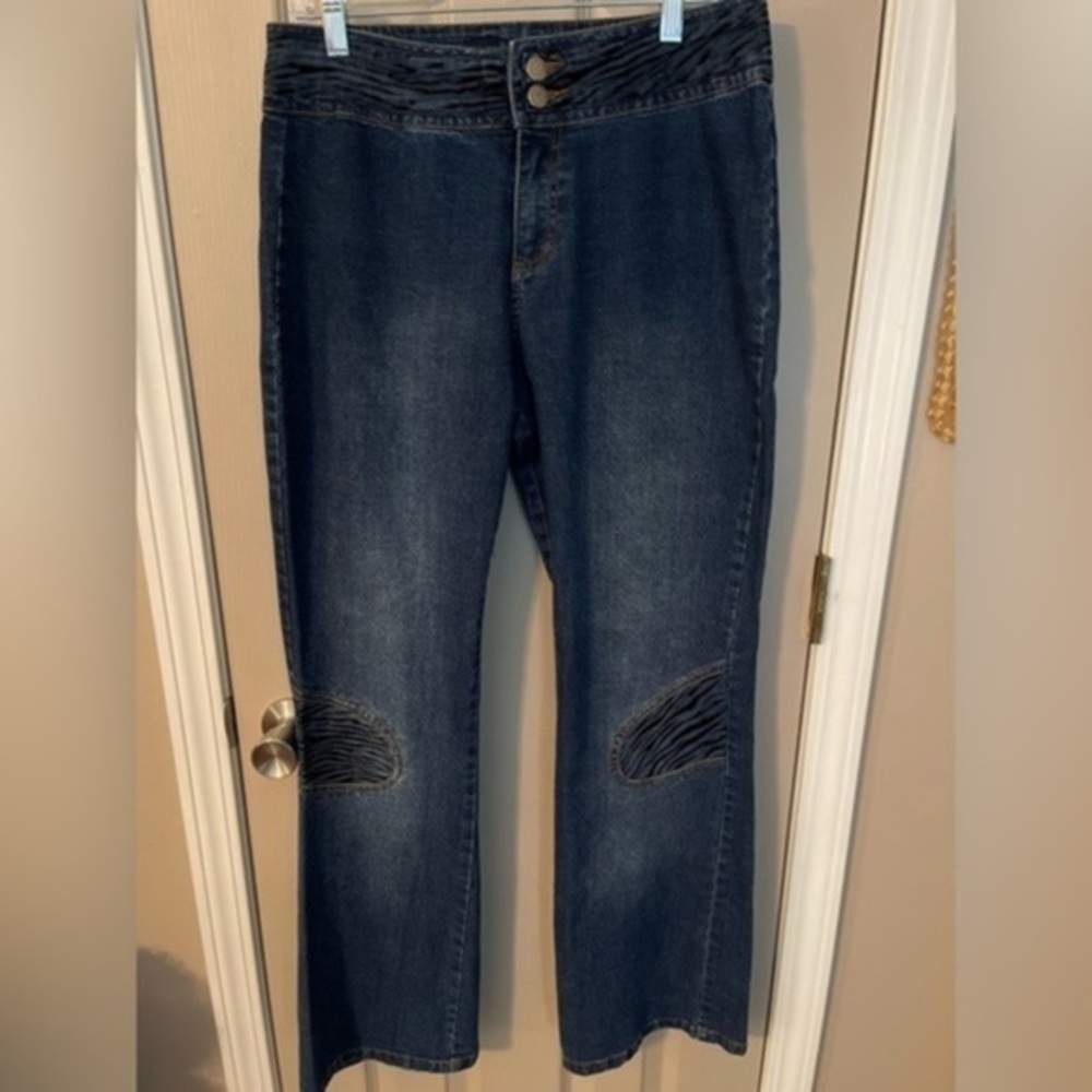 Americana Blues Y2K wide leg jeans with blue & black velvet zebra detail.